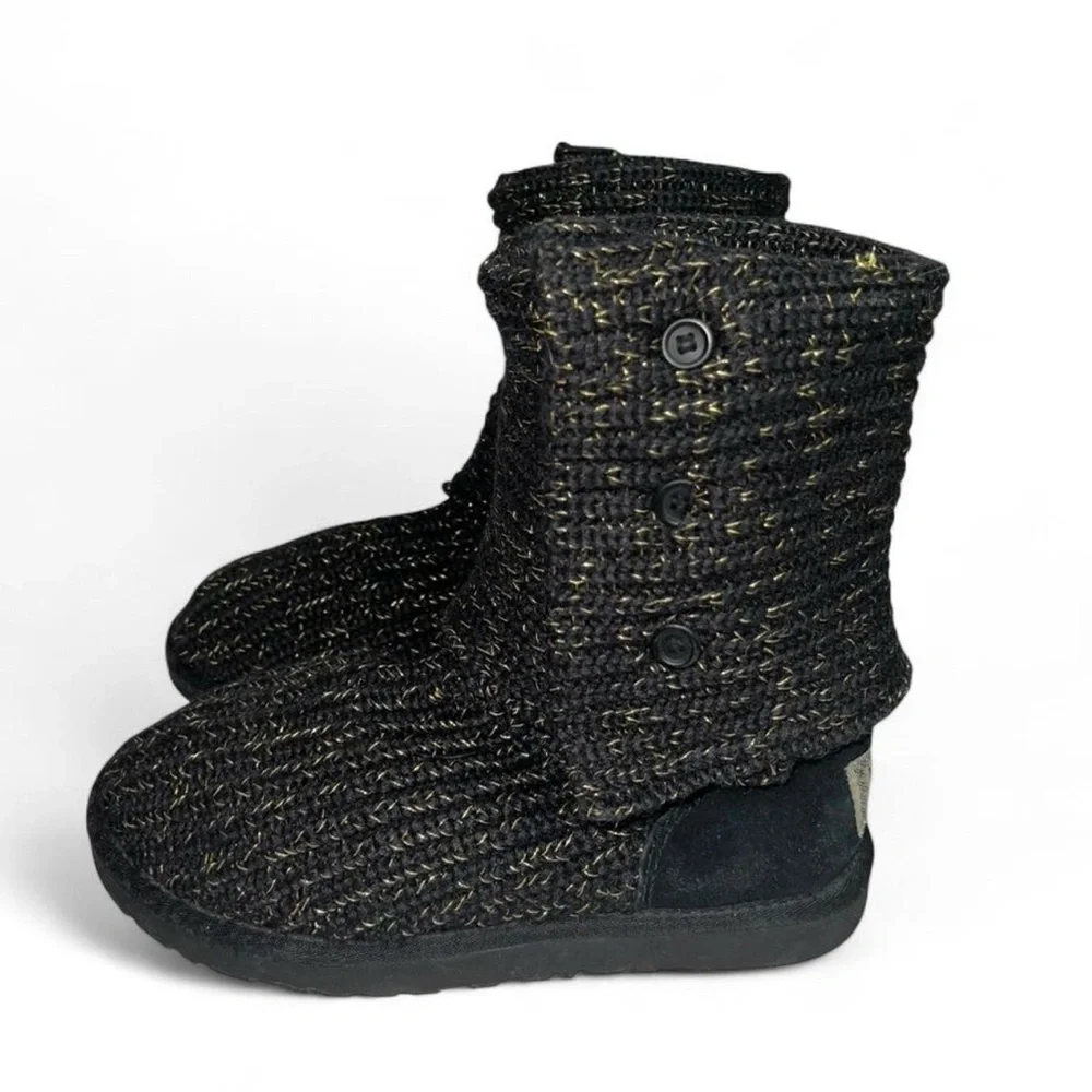 UGG Black Metallic Sweater Knit Cardy Button Boots Size 7 Fall Winter Cozy⁠